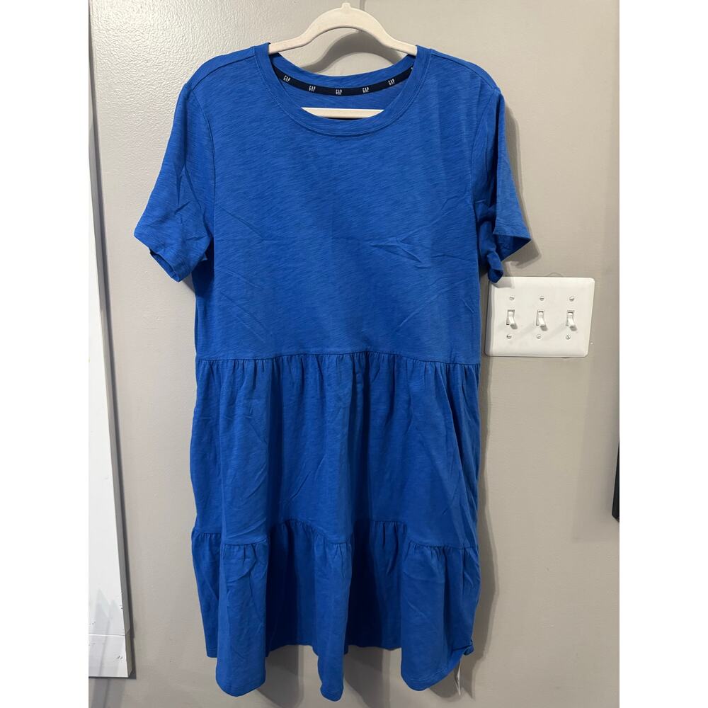 GAP Women's Soft Short Sleeve Crew Neck Tiered Dress, Nautical Blue, Large